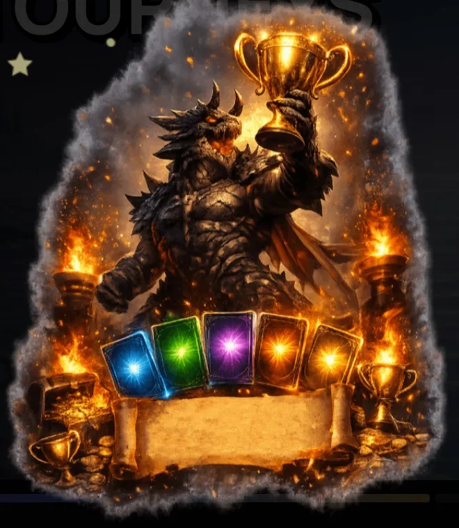 A Your Battle Deck is Ready screen showing an armoured warrior raising a trophy above a fan of five glowing battle cards.