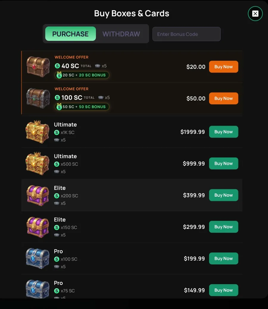 The Buy Boxes and Cards screen with an Enter Bonus Code field beside Purchase and Withdraw tabs, above the two welcome boxes at $20 for 40 SC and $50 for 100 SC.