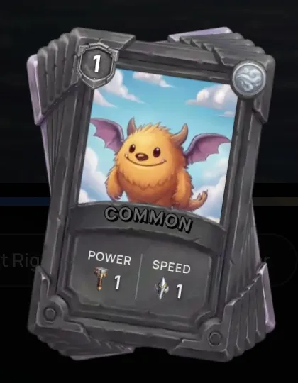 A ZumbaCards battle card in a chiselled stone frame: a level badge at top left, a winged orange creature as artwork, a COMMON rarity ribbon, and POWER 1 and SPEED 1 stat boxes.