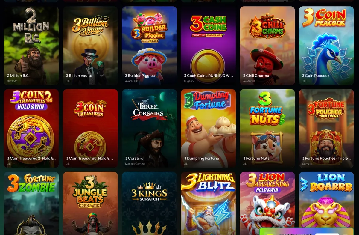 A grid of ZumbaCards slot thumbnails with their studios labelled, including 2 Million B.C. by Betsoft, 3 Billion Vaults by JILI, 3 Builder Piggies by AvatarUX and 3 Corsairs by Mascot Gaming.