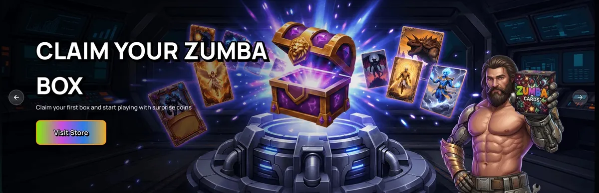 ZumbaCards lobby banner showing a fantasy treasure chest, battle cards and a Visit Store button
