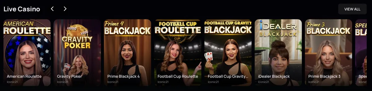 The ZumbaCards Live Casino row showing American Roulette, Gravity Poker, Prime Blackjack 4, Football Cup Roulette, Football Cup Gravity Blackjack, iDealer Blackjack and Prime Blackjack 3, all by Iconic21.