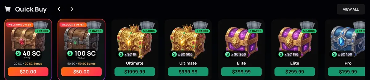 The ZumbaCards Quick Buy row: two orange welcome tiles at $20 for 40 SC and $50 for 100 SC, then Ultimate boxes at $1,999.99 and $999.99, Elite at $399.99 and $299.99, and Pro at $199.99.
