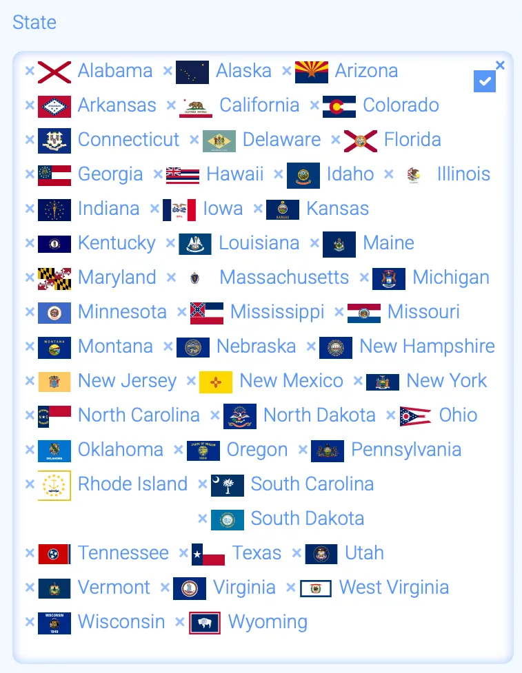 ZumbaCards state selector listing 48 eligible US states from Alabama to Wyoming, with Nevada and Washington absent