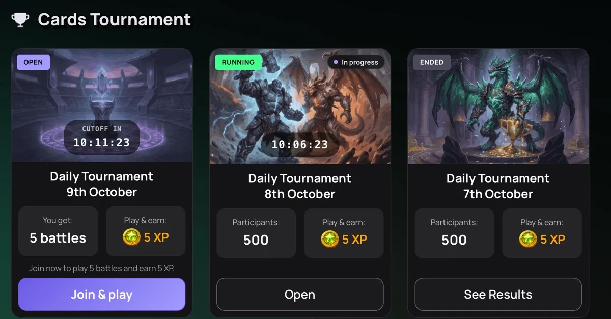Three daily tournament cards: one labelled OPEN with a cutoff countdown and a Join and play button, one RUNNING with a live timer and 500 participants, and one ENDED with a See Results button. Each shows Play and earn 5 XP.